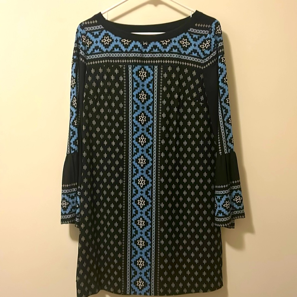 Ann Taylor LOFT size small navy blue pattern dress with long flowy sleeves